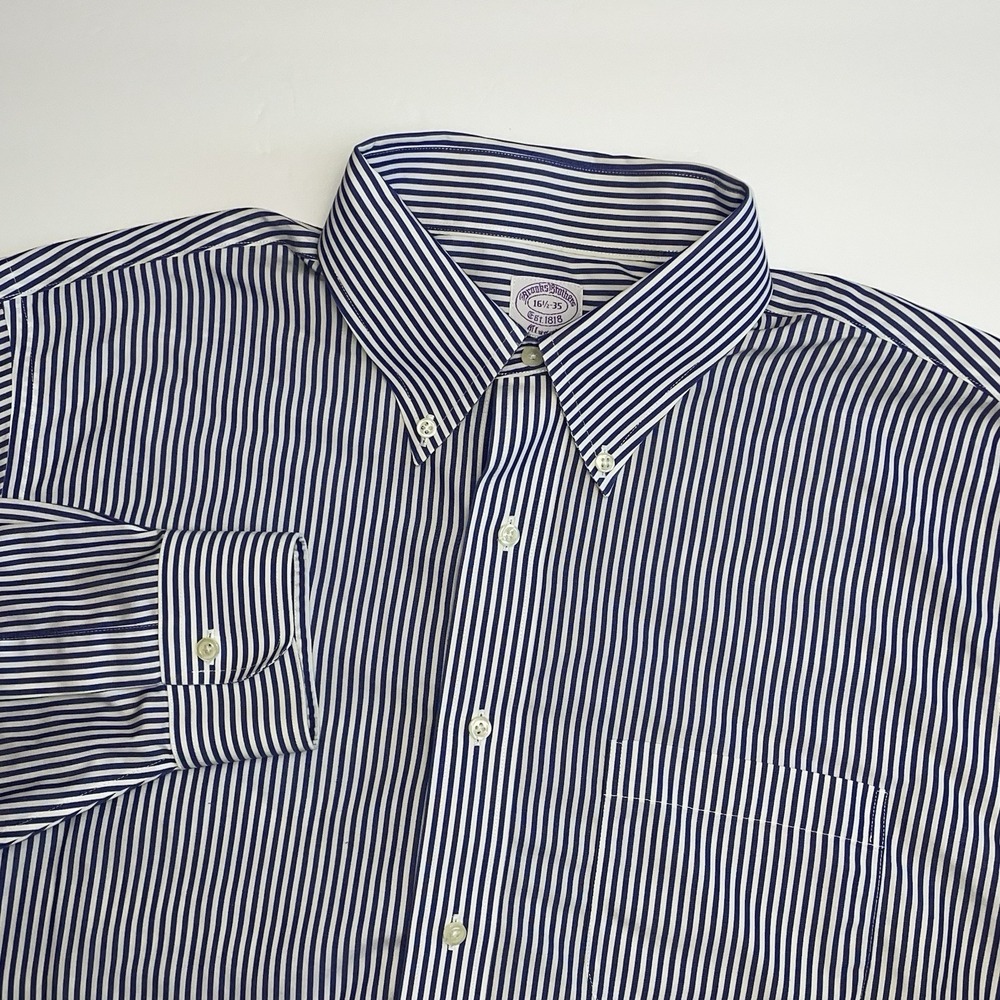 Brooks Brothers Dress Shirt Mens 16.5 35 Blue/Purple White Striped Classic Fit